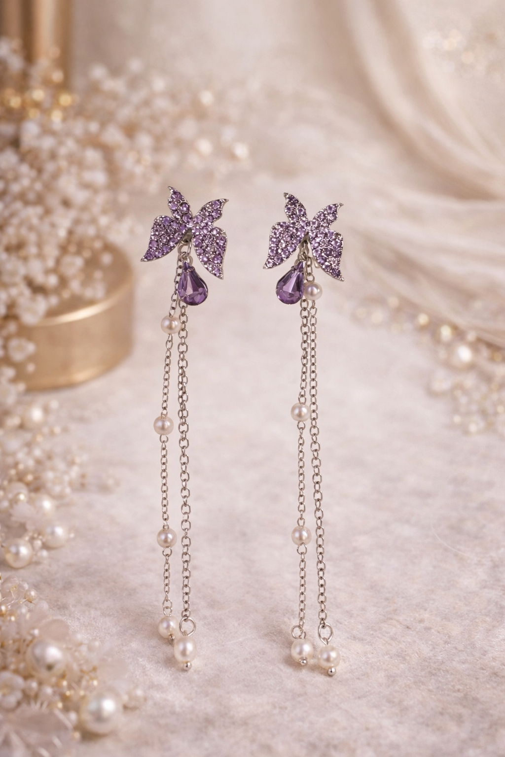 Purple Butterfly Crystal & Pearl Drop Earrings – Premium Gifting - ₹499