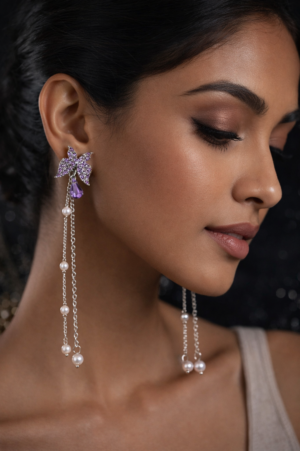 Purple Butterfly Crystal & Pearl Drop Earrings – Premium Gifting - ₹499
