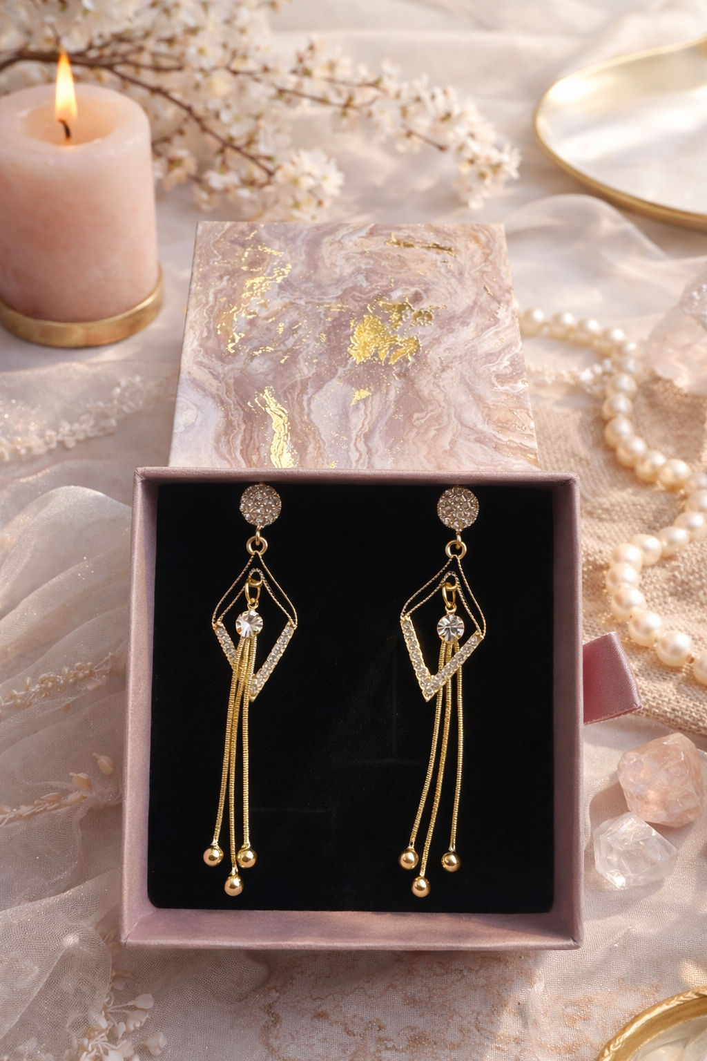 Golden Aura Crystal Drop Earrings – Elegant Statement Luxury - ₹499