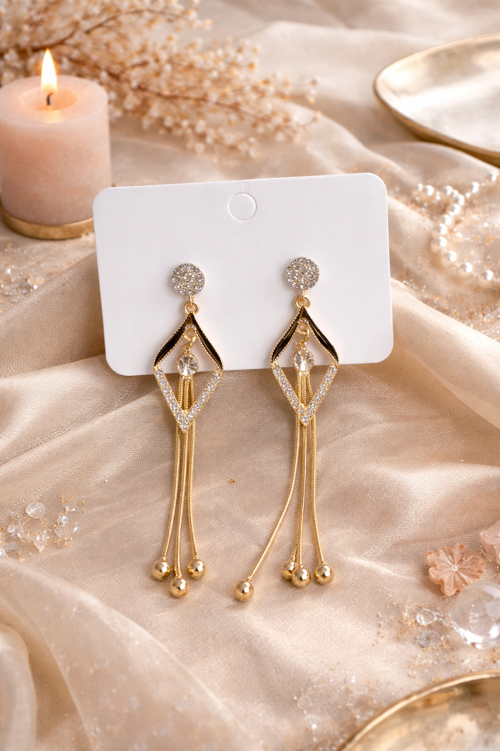 Golden Aura Crystal Drop Earrings – Elegant Statement Luxury - ₹499