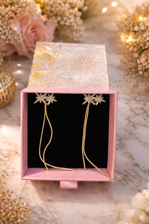 Celestial Spark Starburst Long Drop Earrings – Gold Finish | Gift-Ready - ₹499