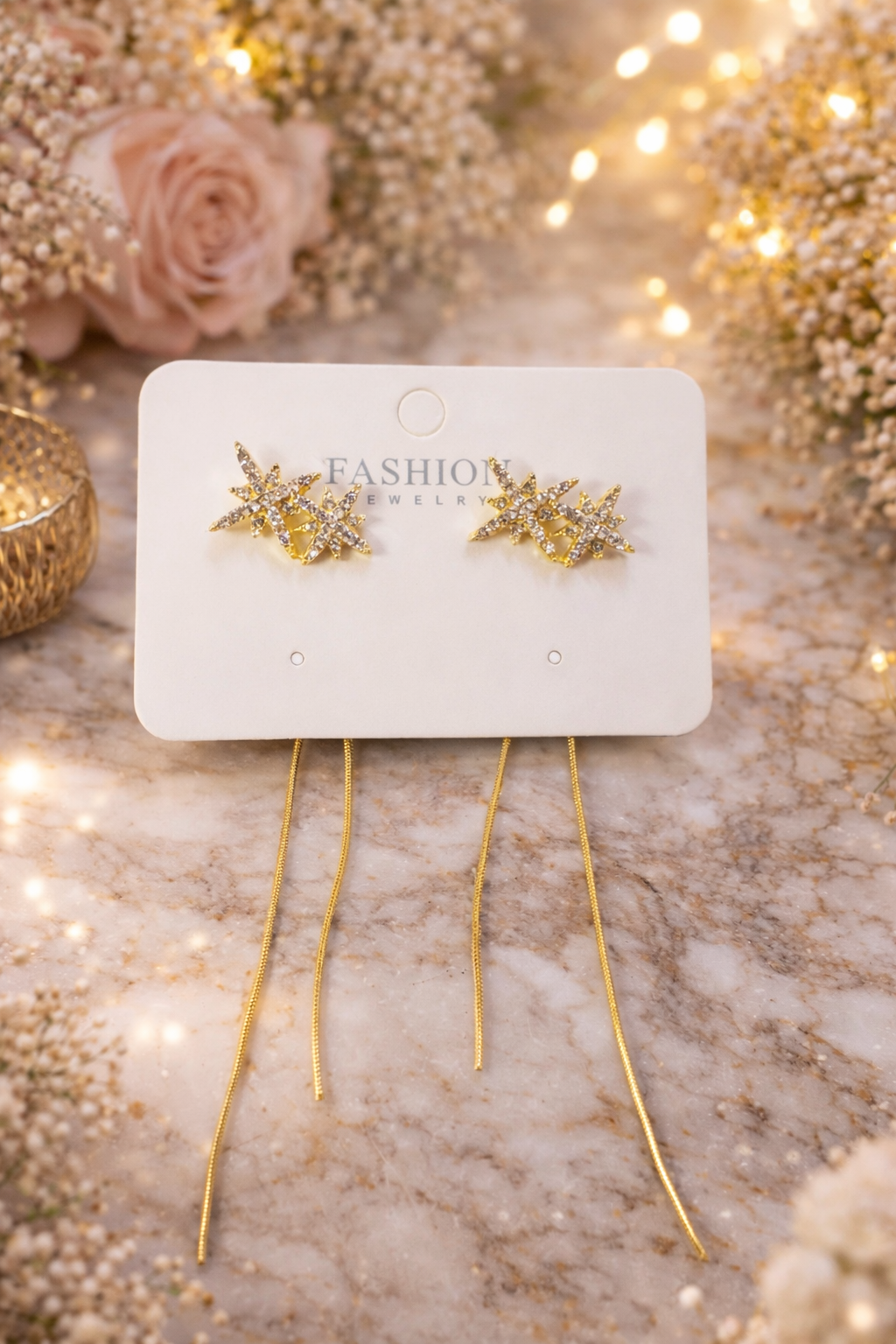 Celestial Spark Starburst Long Drop Earrings – Gold Finish | Gift-Ready - ₹499