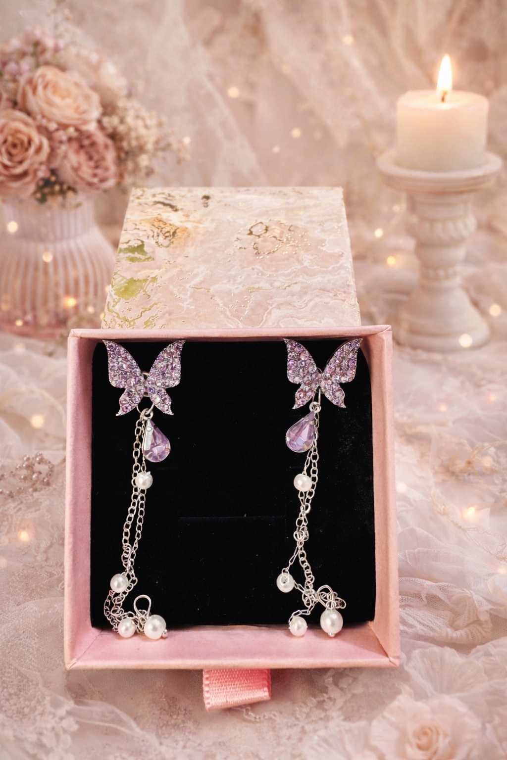 Purple Butterfly Crystal & Pearl Drop Earrings – Premium Gifting - ₹499