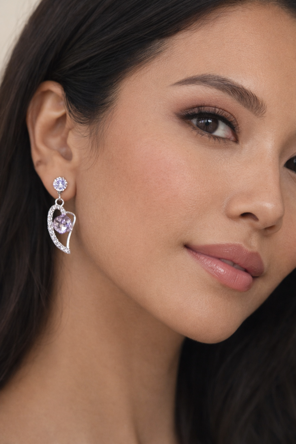 Lavender Heart Drop Earrings | Silver Finish Crystal Studs - ₹250