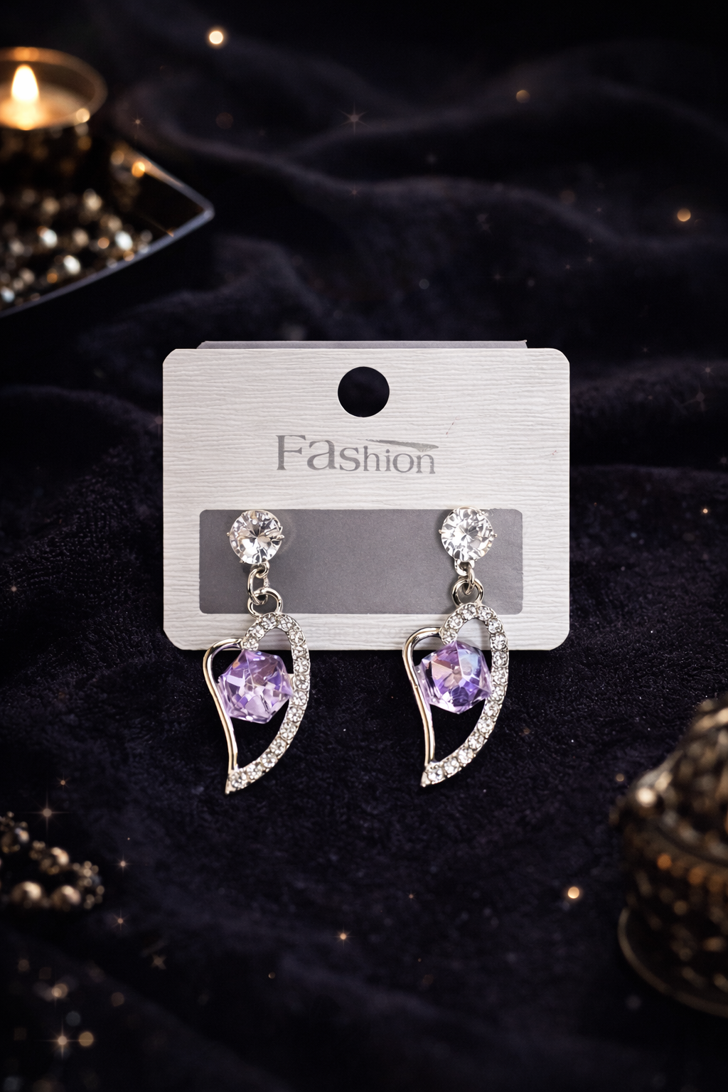 Lavender Heart Drop Earrings | Silver Finish Crystal Studs - ₹250