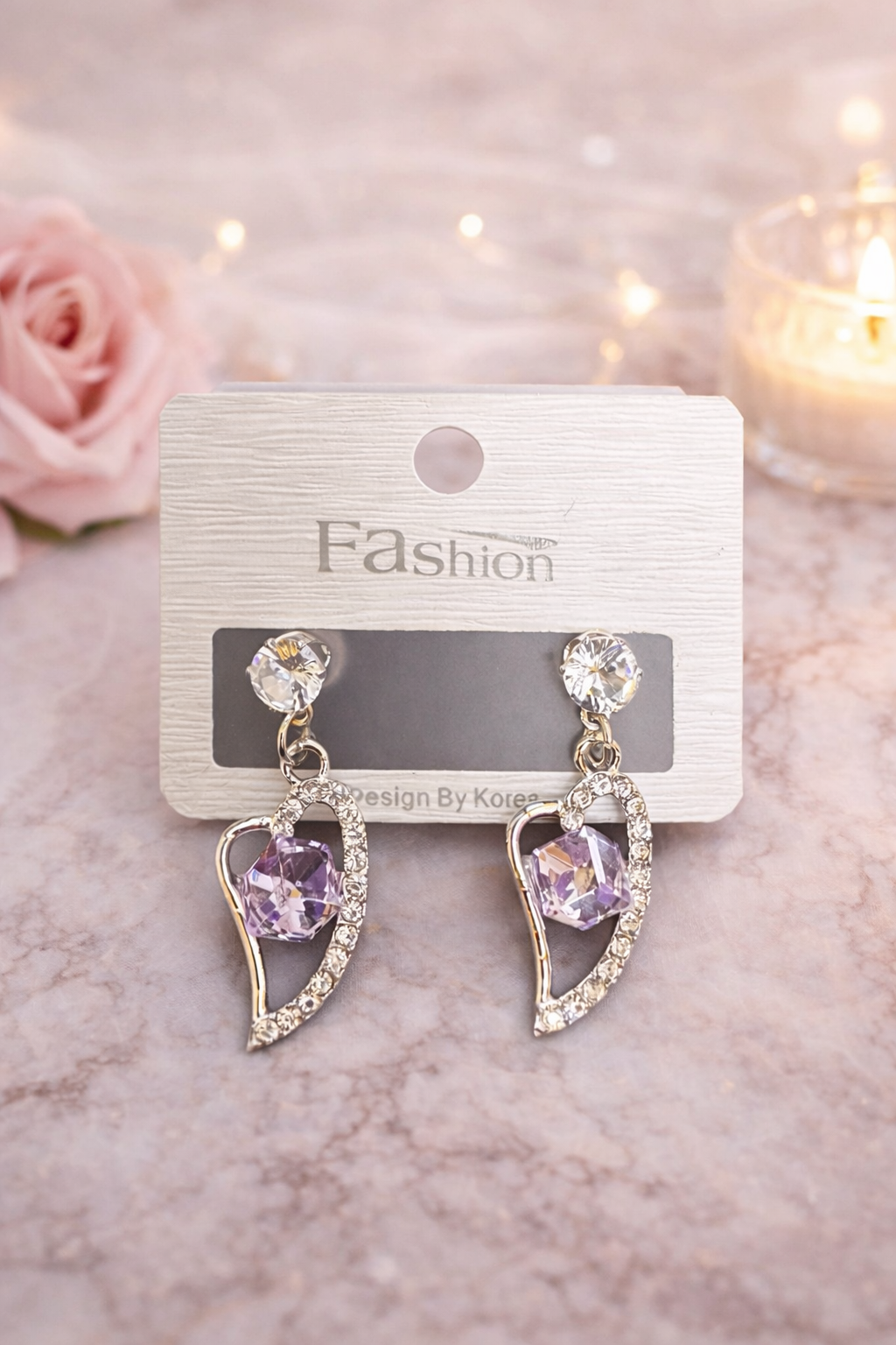 Lavender Heart Drop Earrings | Silver Finish Crystal Studs - ₹250