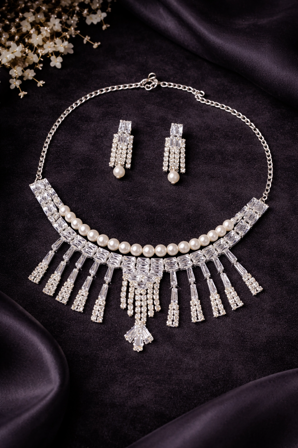 Pearl Fringe Statement Artificial Necklace Set with Matching Earrings - ₹350