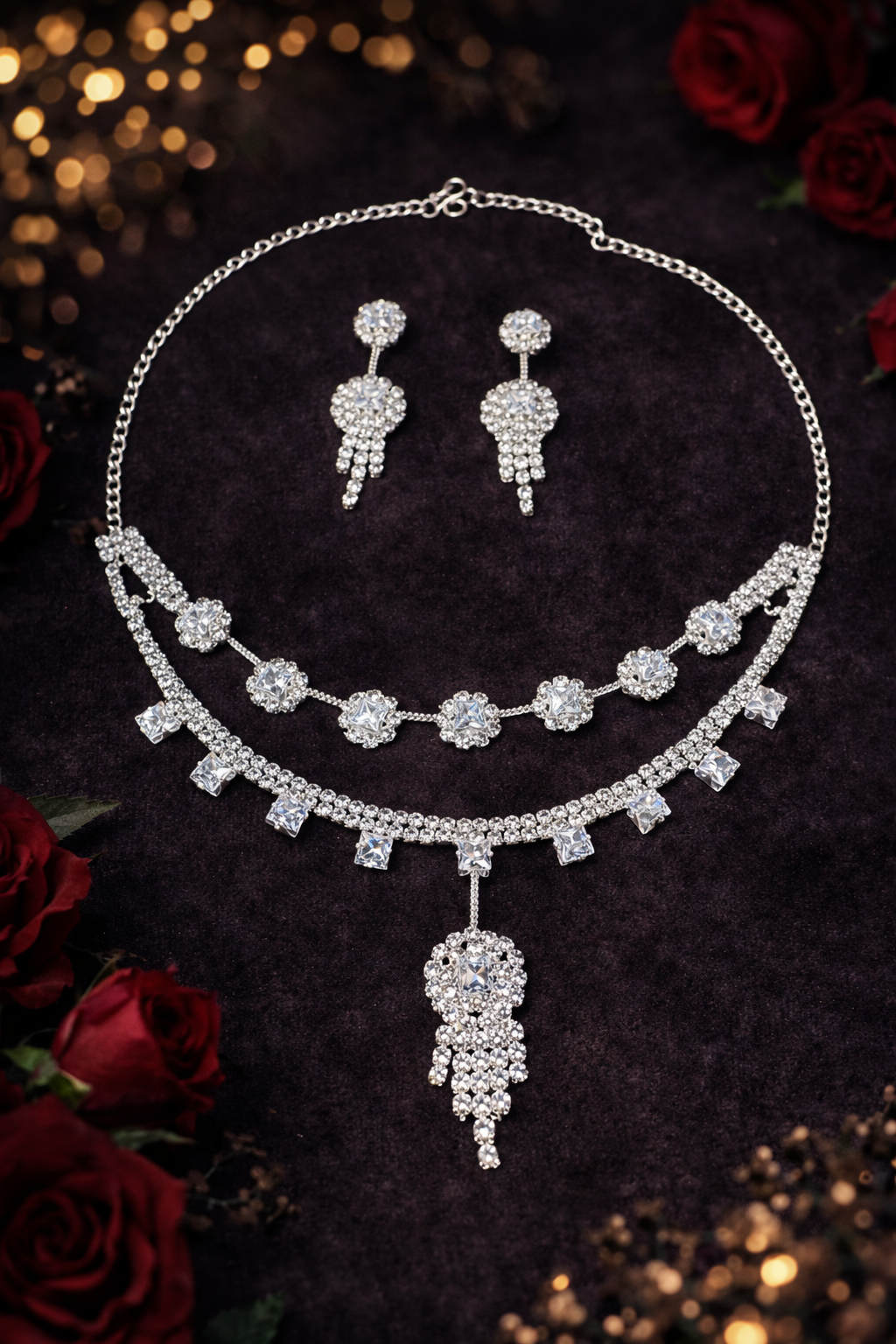 Crystal Drop Layered Artificial Necklace Set with Statement Earrings - ₹350