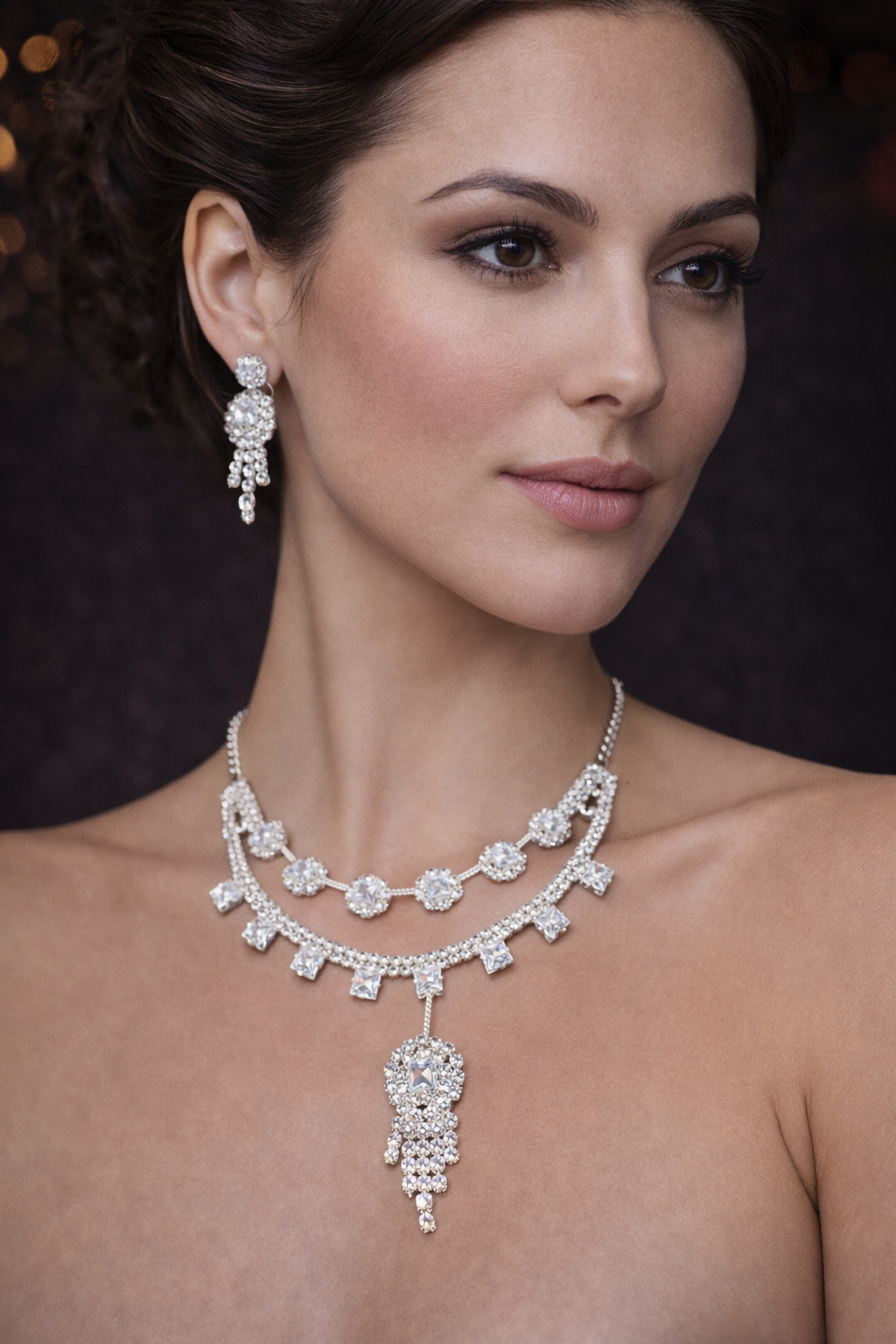 Crystal Drop Layered Artificial Necklace Set with Statement Earrings - ₹350