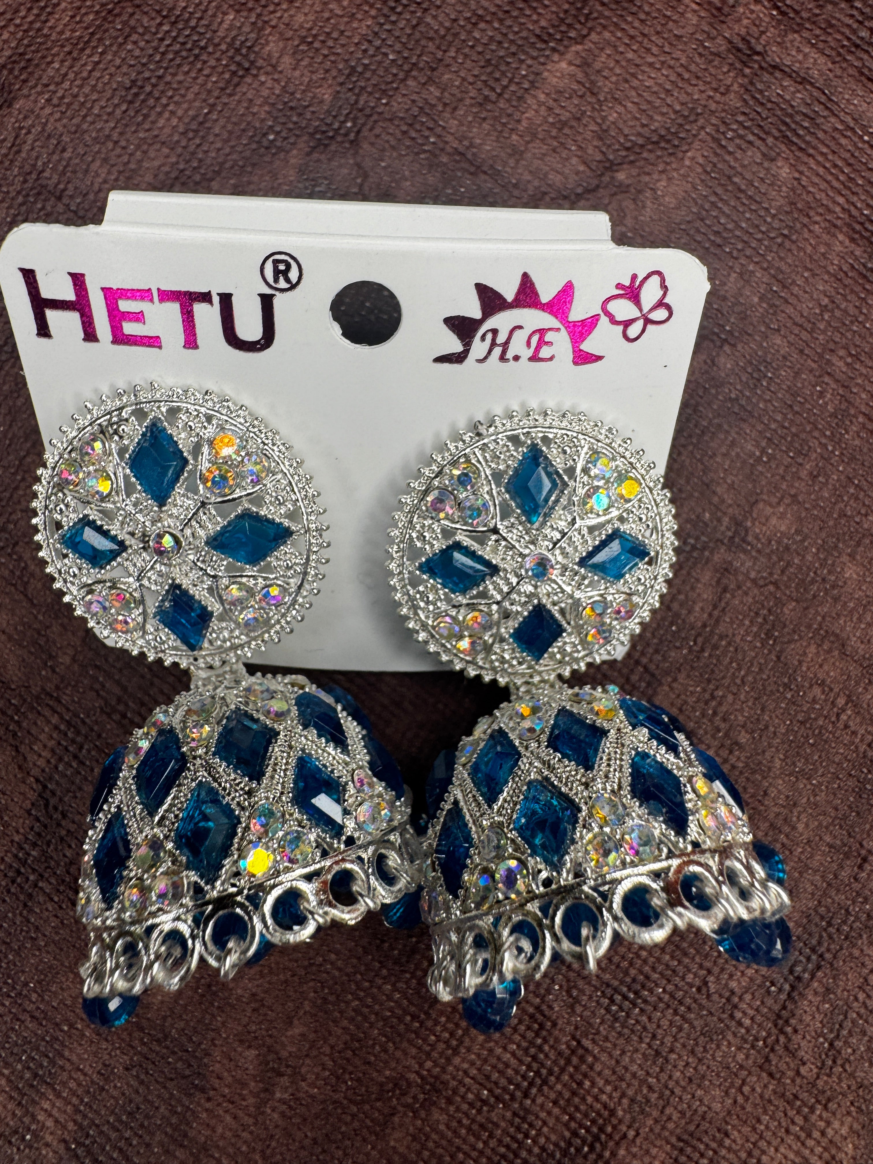 Traditional Stone Studded Jhumka Earrings – Silver Finish Dome Jhumkas | Blue, Lavender & Ruby Pink | Festive Wear | ₹399