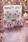 Traditional Stone Studded Jhumka Earrings – Silver Finish Dome Jhumkas | Blue, Lavender & Ruby Pink | Festive Wear | ₹399