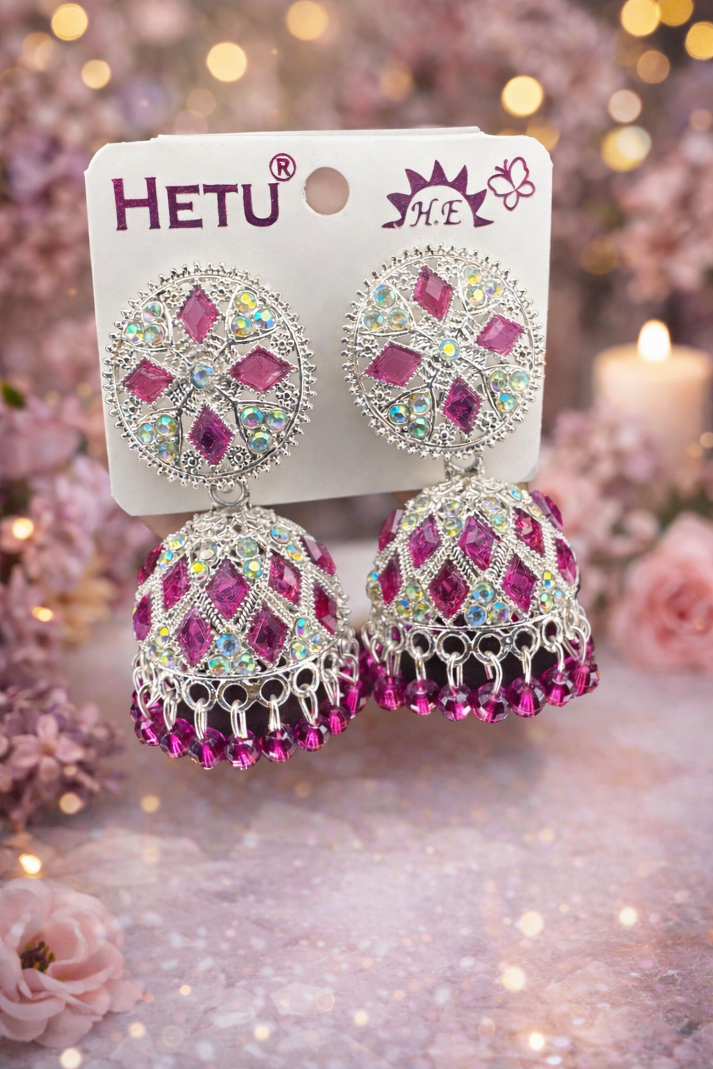 Traditional Stone Studded Jhumka Earrings – Silver Finish Dome Jhumkas | Blue, Lavender & Ruby Pink | Festive Wear | ₹399