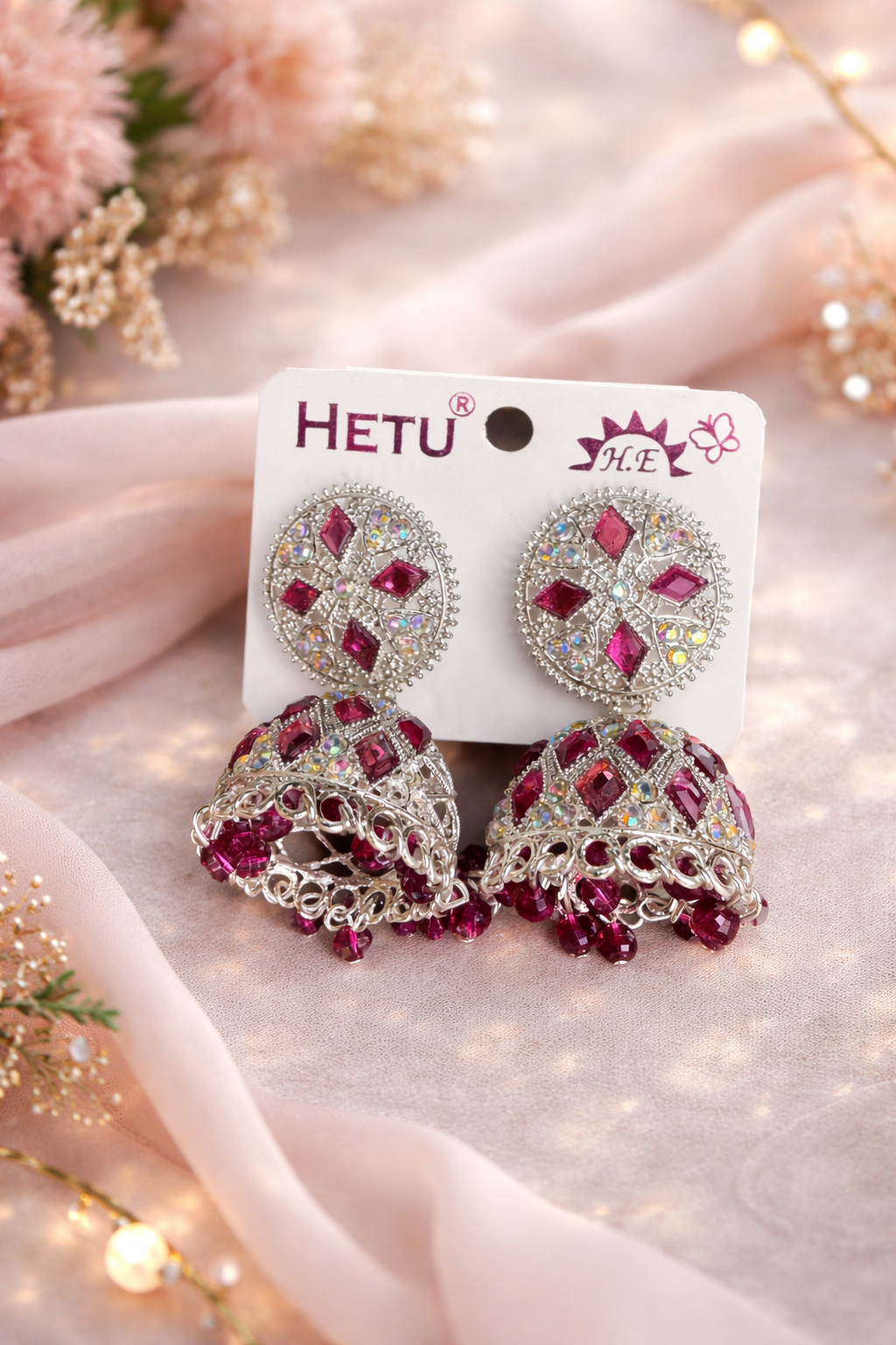 Traditional Stone Studded Jhumka Earrings – Silver Finish Dome Jhumkas | Blue, Lavender & Ruby Pink | Festive Wear | ₹399