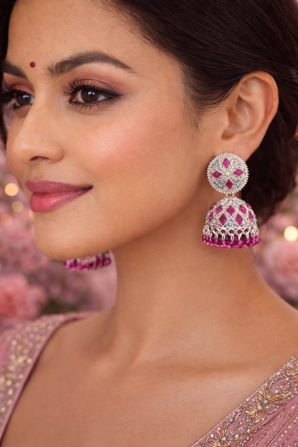 Traditional Stone Studded Jhumka Earrings – Silver Finish Dome Jhumkas | Blue, Lavender & Ruby Pink | Festive Wear | ₹399