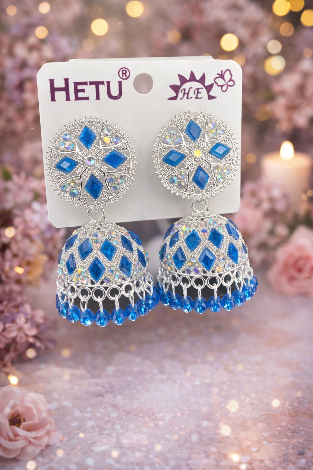 Traditional Stone Studded Jhumka Earrings – Silver Finish Dome Jhumkas | Blue, Lavender & Ruby Pink | Festive Wear | ₹399