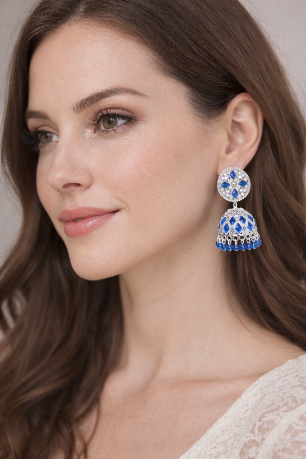 Traditional Stone Studded Jhumka Earrings – Silver Finish Dome Jhumkas | Blue, Lavender & Ruby Pink | Festive Wear | ₹399