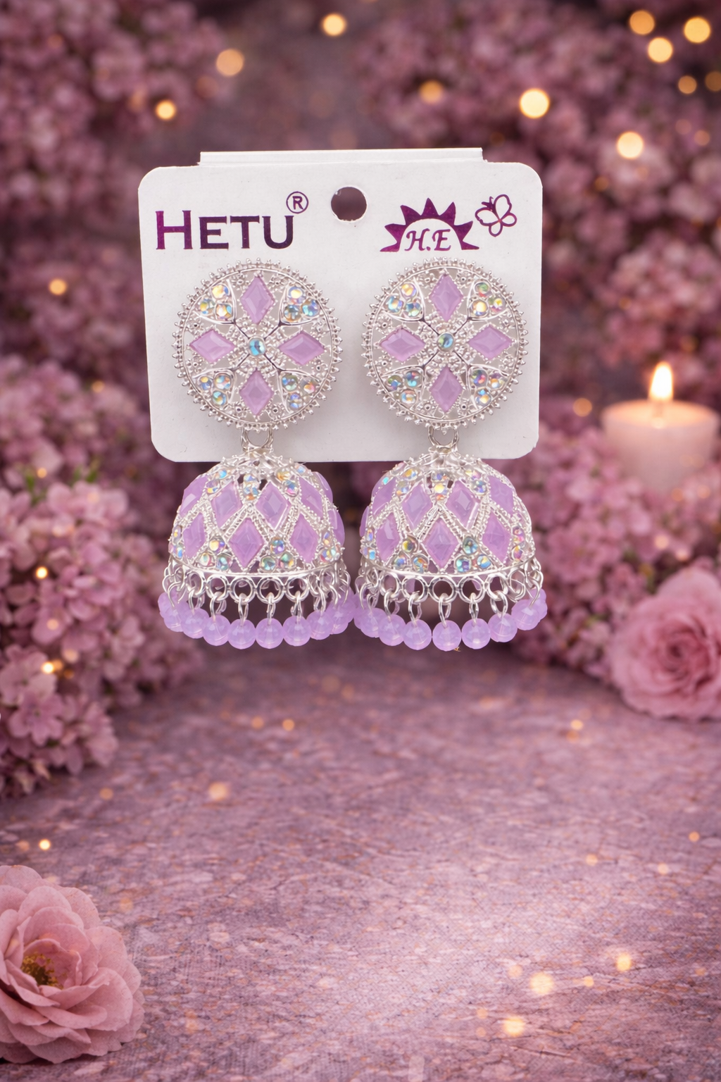 Traditional Stone Studded Jhumka Earrings – Silver Finish Dome Jhumkas | Blue, Lavender & Ruby Pink | Festive Wear | ₹399