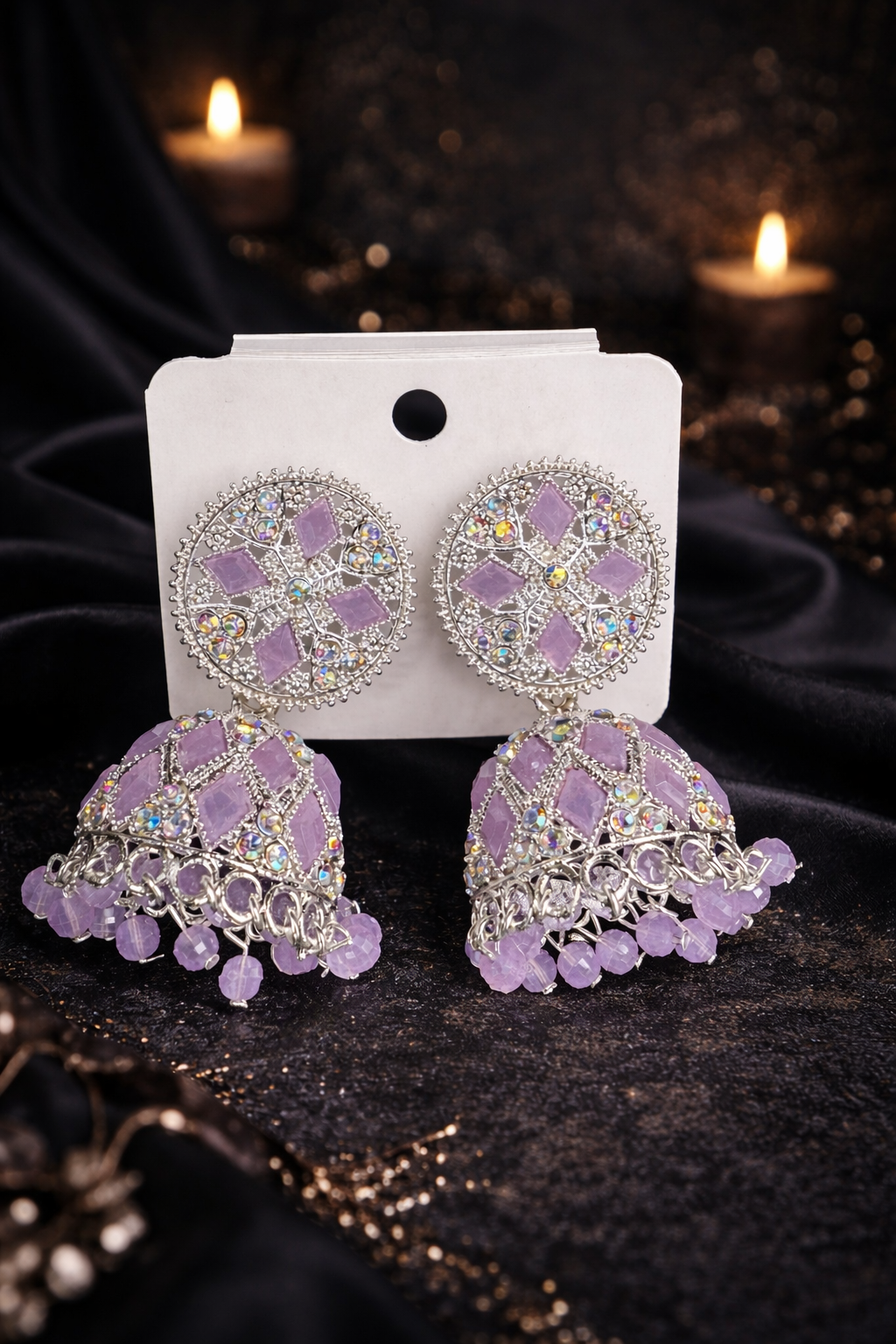 Traditional Stone Studded Jhumka Earrings – Silver Finish Dome Jhumkas | Blue, Lavender & Ruby Pink | Festive Wear | ₹399