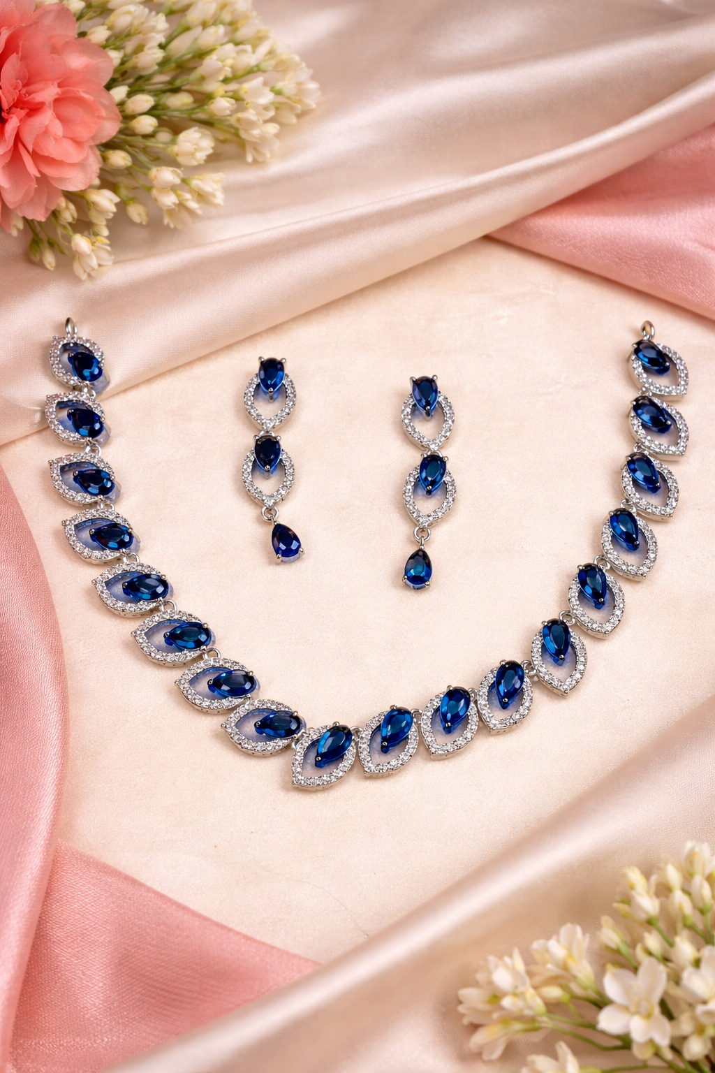 Royal Blue AD Stone Necklace Set with Earrings – Premium Silver Finish | Party & Wedding Wear | ₹2499
