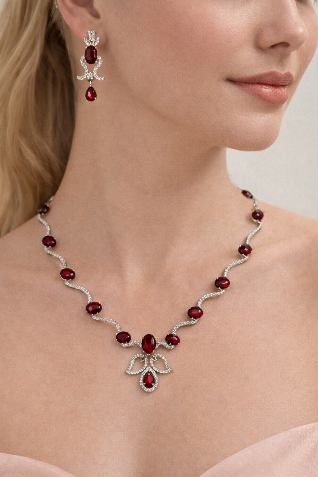 Ruby & Blue Elegance AD Necklace & Earring Set – Premium American Diamond Bridal Jewellery | ₹ 1999