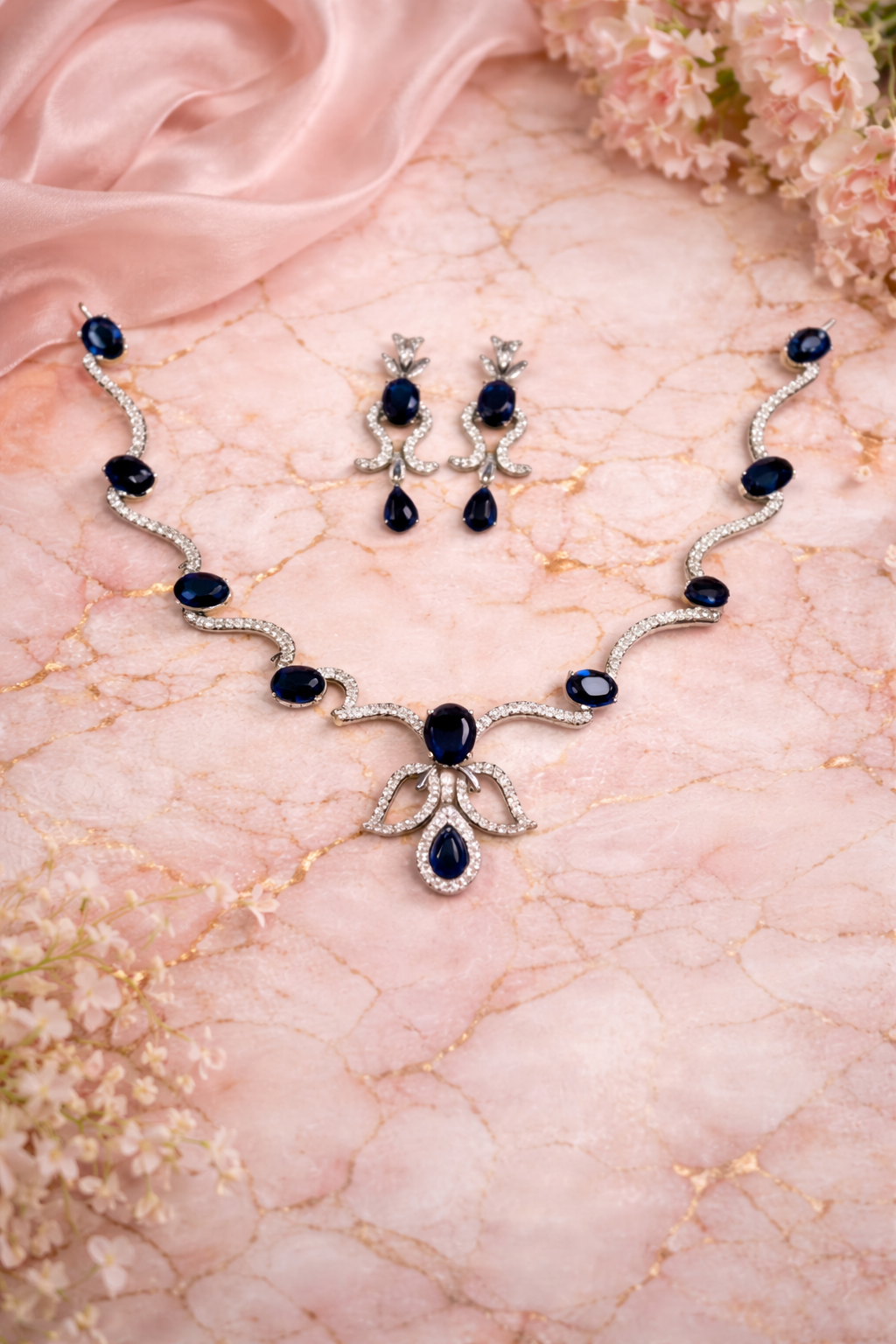 Ruby & Blue Elegance AD Necklace & Earring Set – Premium American Diamond Bridal Jewellery | ₹ 1999