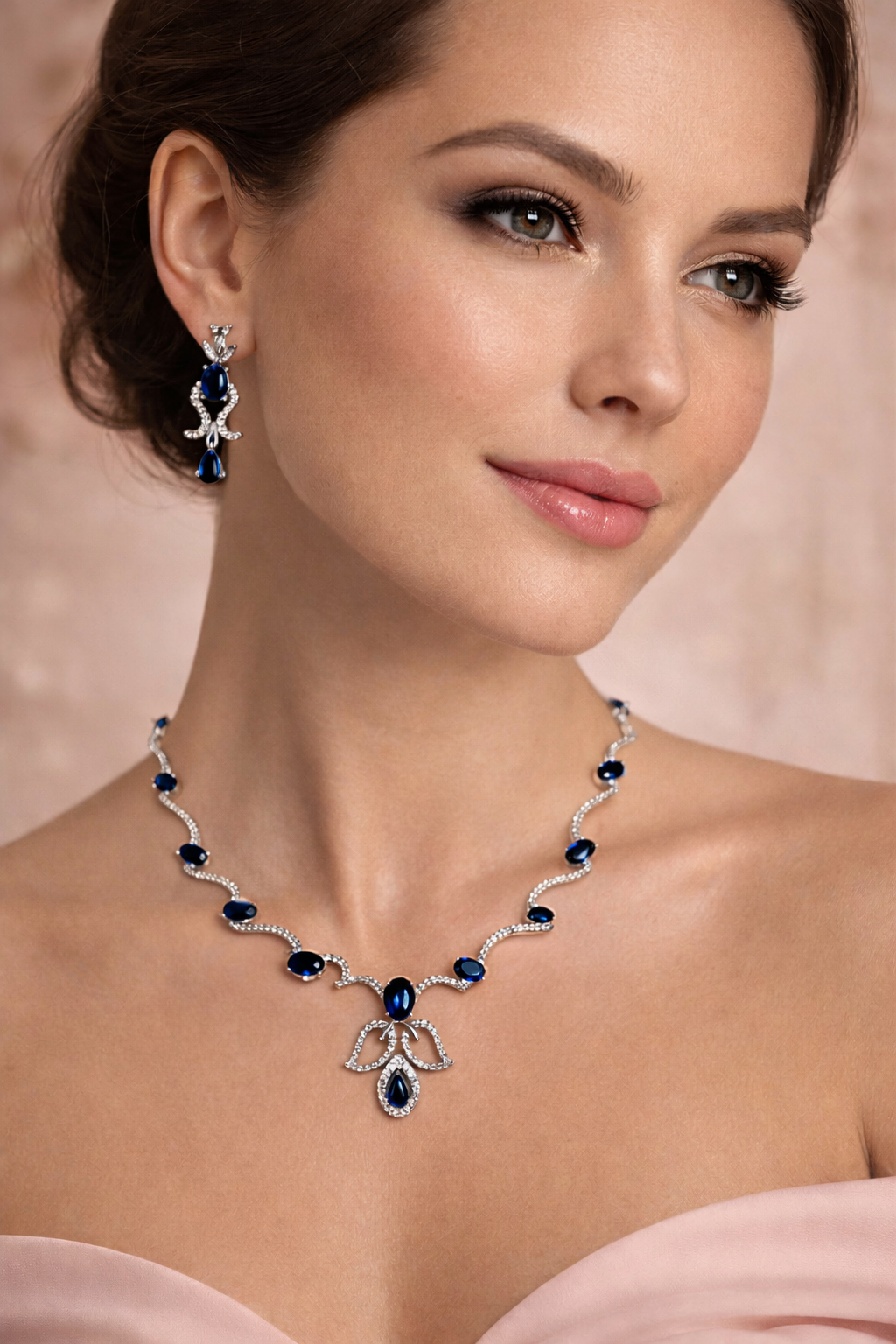 Ruby & Blue Elegance AD Necklace & Earring Set – Premium American Diamond Bridal Jewellery | ₹ 1999