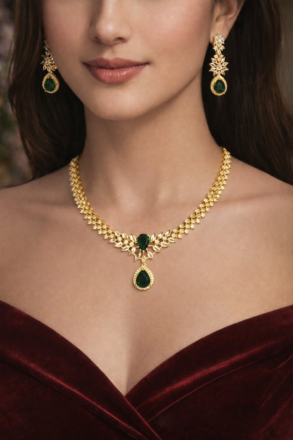 Emerald Drop American Diamond Necklace Set – Anti-Tarnish | Premium Party Wear | ₹ 2499