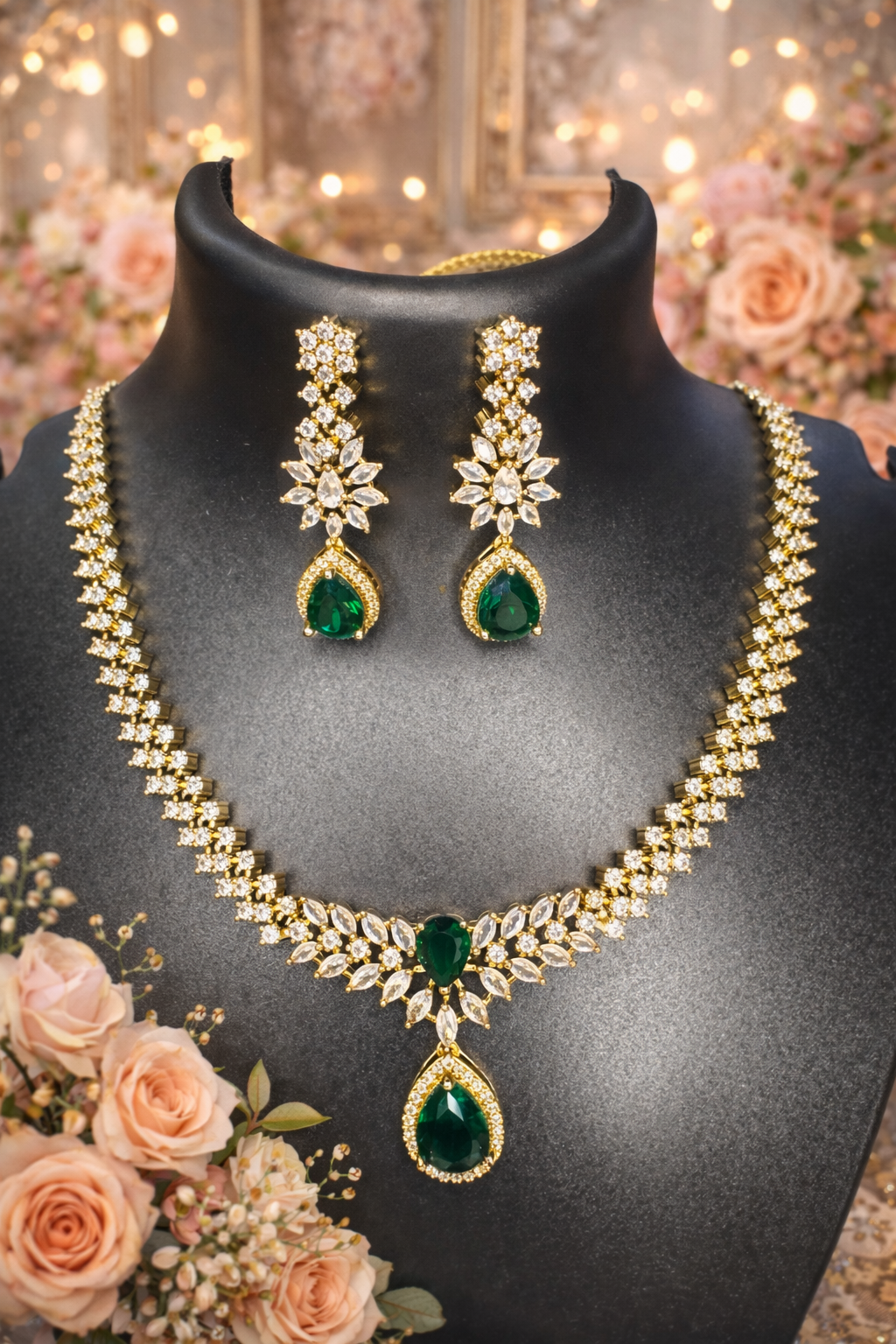 Emerald Drop American Diamond Necklace Set – Anti-Tarnish | Premium Party Wear | ₹ 2499