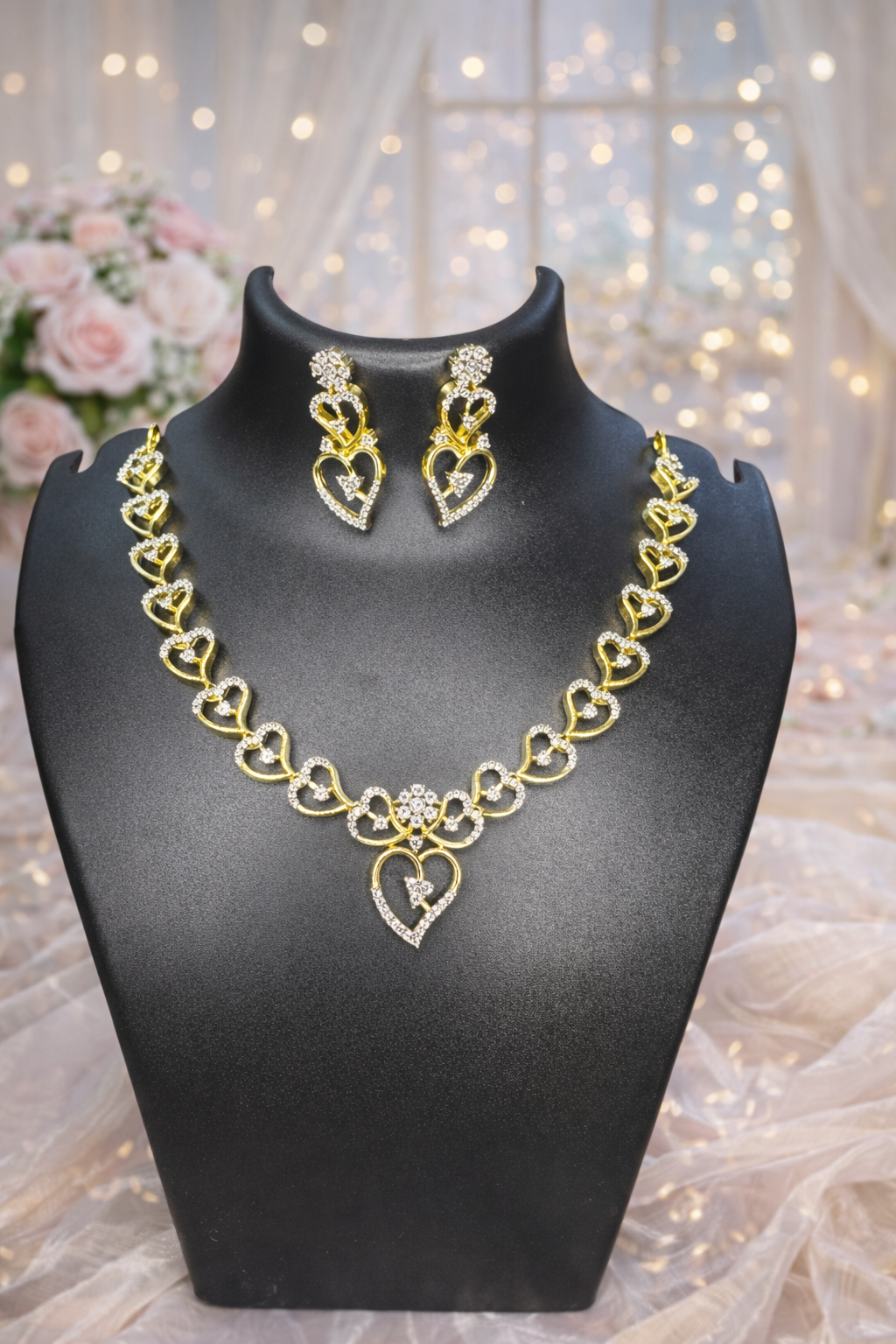 Golden Heart American Diamond Necklace Set – Elegant Sparkle| ₹ 2299