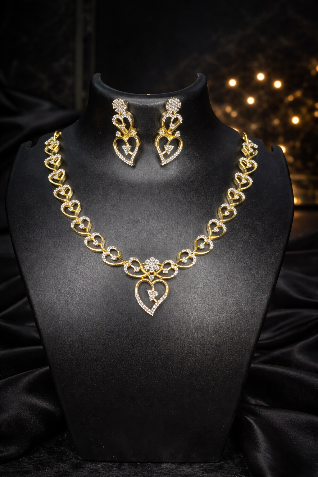 Golden Heart American Diamond Necklace Set – Elegant Sparkle| ₹ 2299