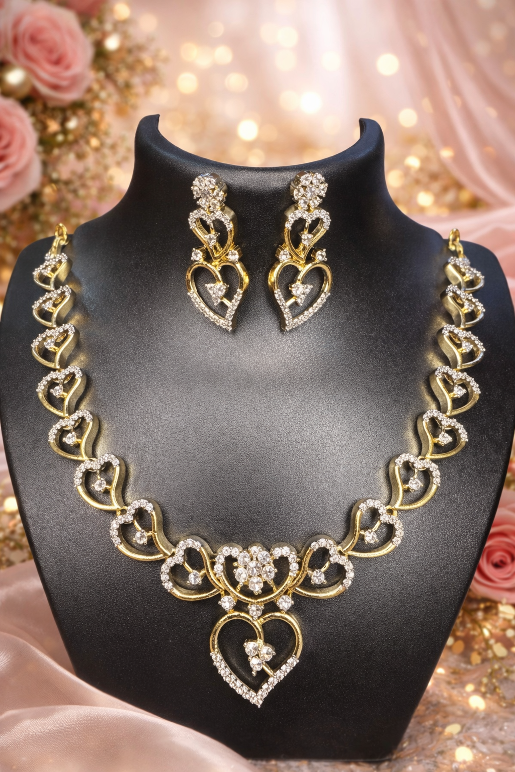 Golden Heart American Diamond Necklace Set – Elegant Sparkle| ₹ 2299