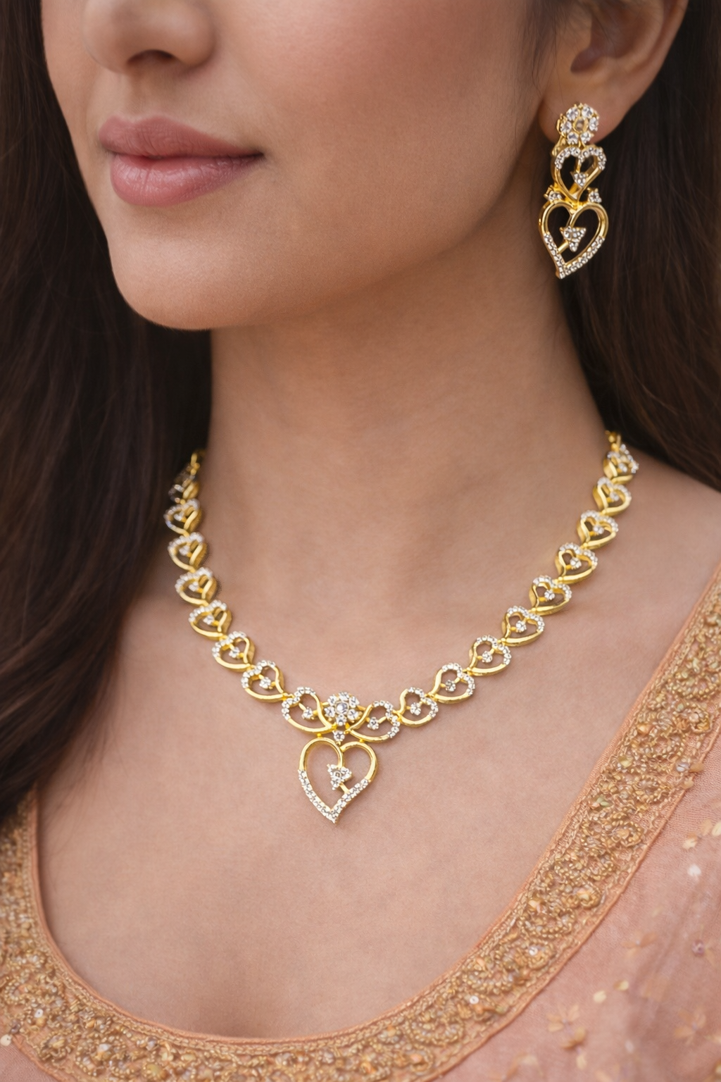Golden Heart American Diamond Necklace Set – Elegant Sparkle| ₹ 2299