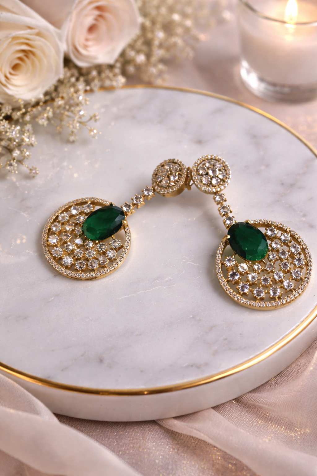 Emerald Green CZ Diamond Drop Earrings – Gold Finish | Premium Statement Jewellery | ₹ 2100