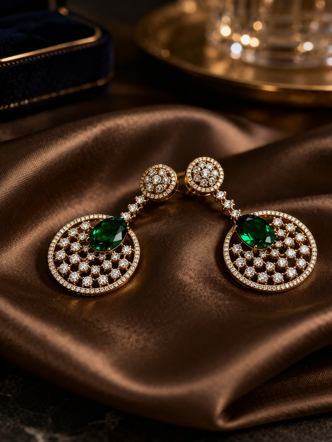 Emerald Green CZ Diamond Drop Earrings – Gold Finish | Premium Statement Jewellery | ₹ 2100