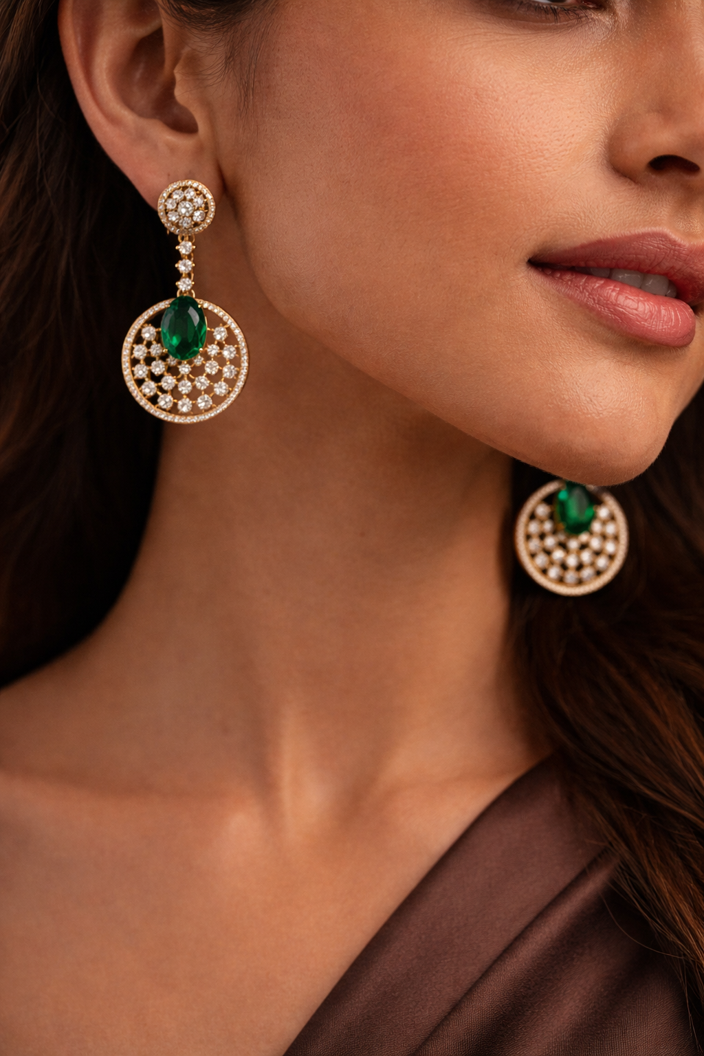 Emerald Green CZ Diamond Drop Earrings – Gold Finish | Premium Statement Jewellery | ₹ 2100