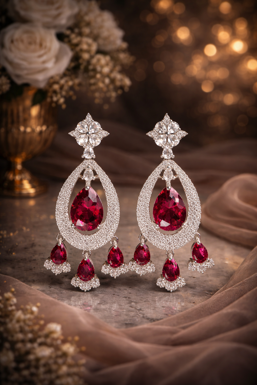 Luxury Ruby Drop Earrings with Premium CZ Stones | Elegant Statement Jewelry with Premium Gift Packaging | ₹ 1699