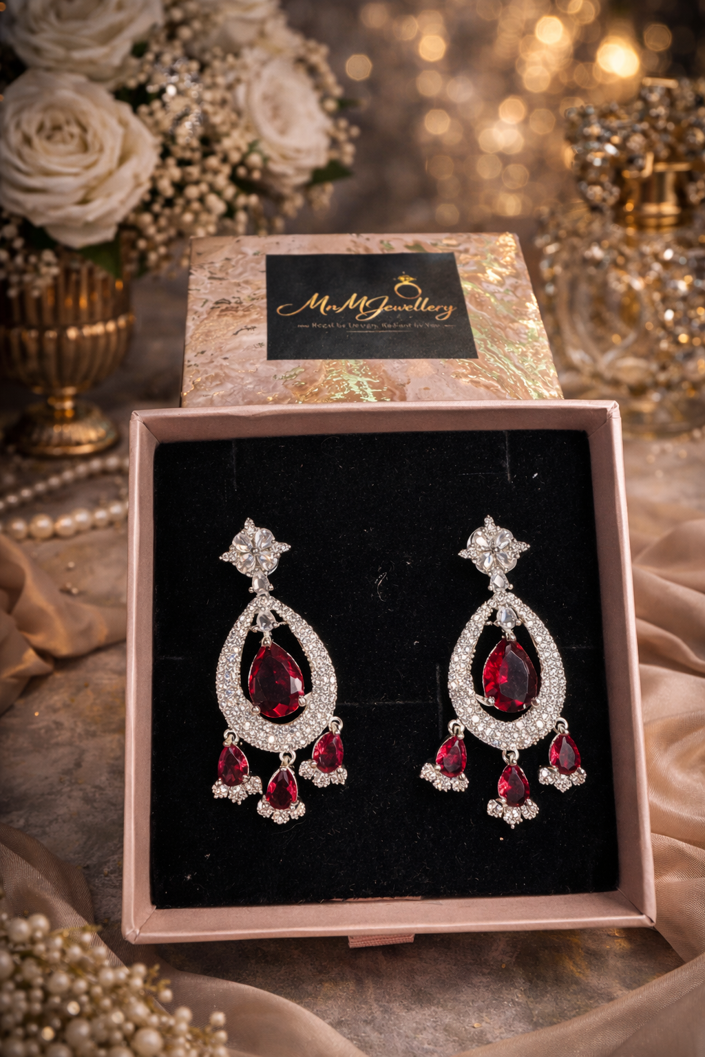 Luxury Ruby Drop Earrings with Premium CZ Stones | Elegant Statement Jewelry with Premium Gift Packaging | ₹ 1699