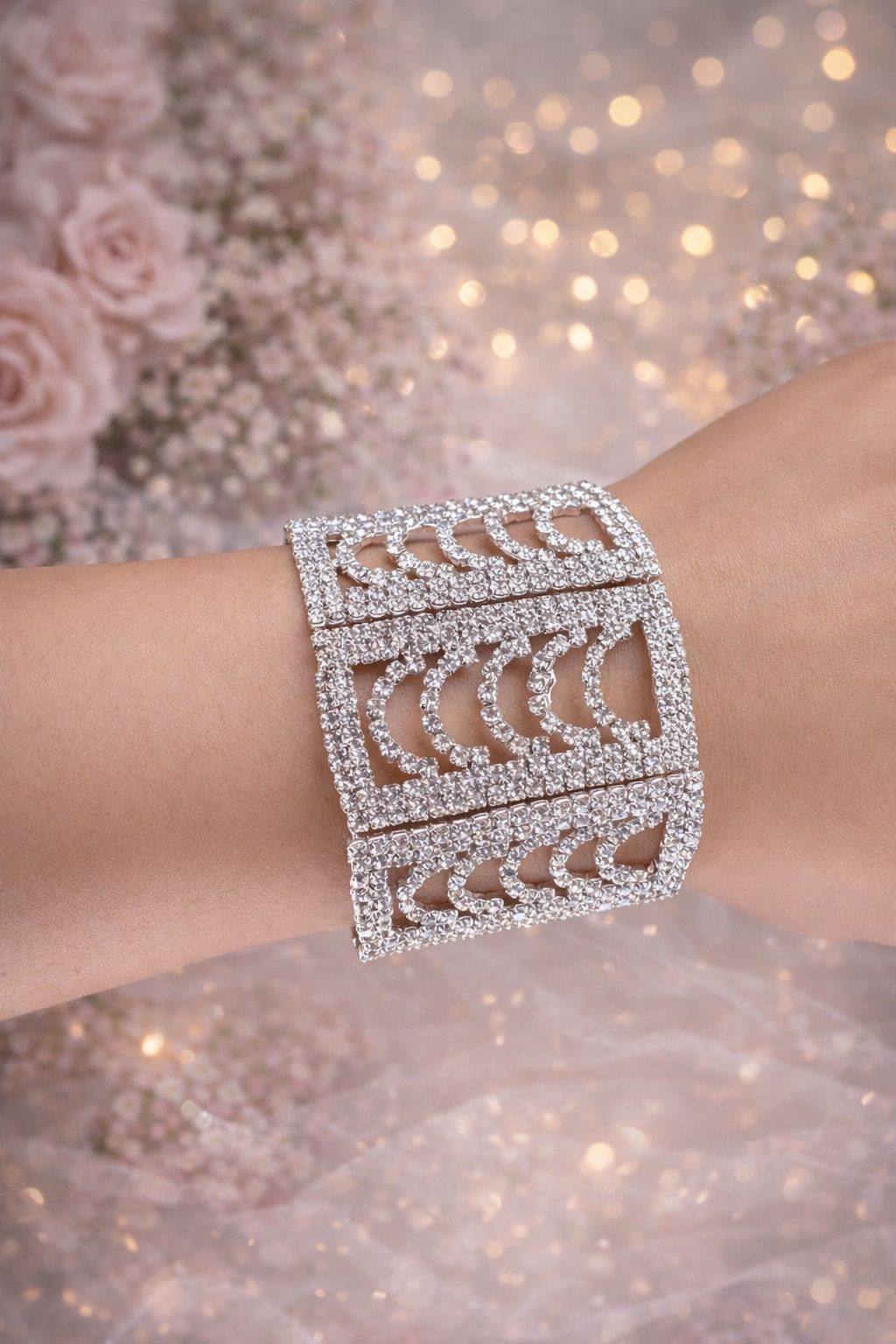 Luxury American Diamond Statement Cuff Bracelet – Rhodium Plated | Premium Gift Box | ₹ 650
