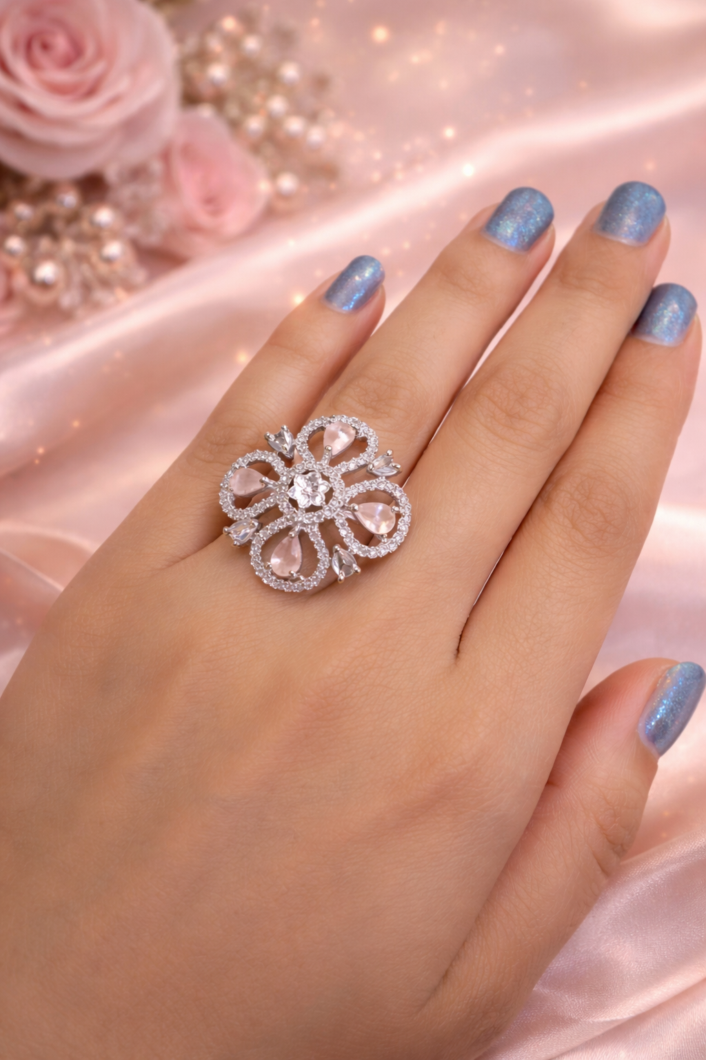 Blush Bloom AD Statement Ring – Premium Zirconia Elegance | ₹ 499