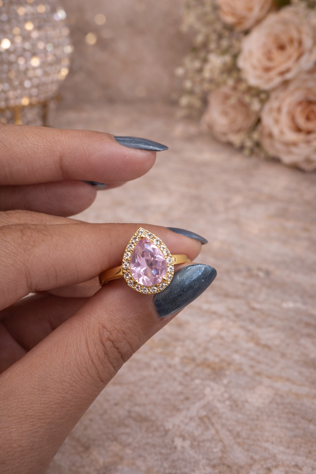 Blush Royale Pear AD Ring – Gold-Plated Elegance | ₹ 375