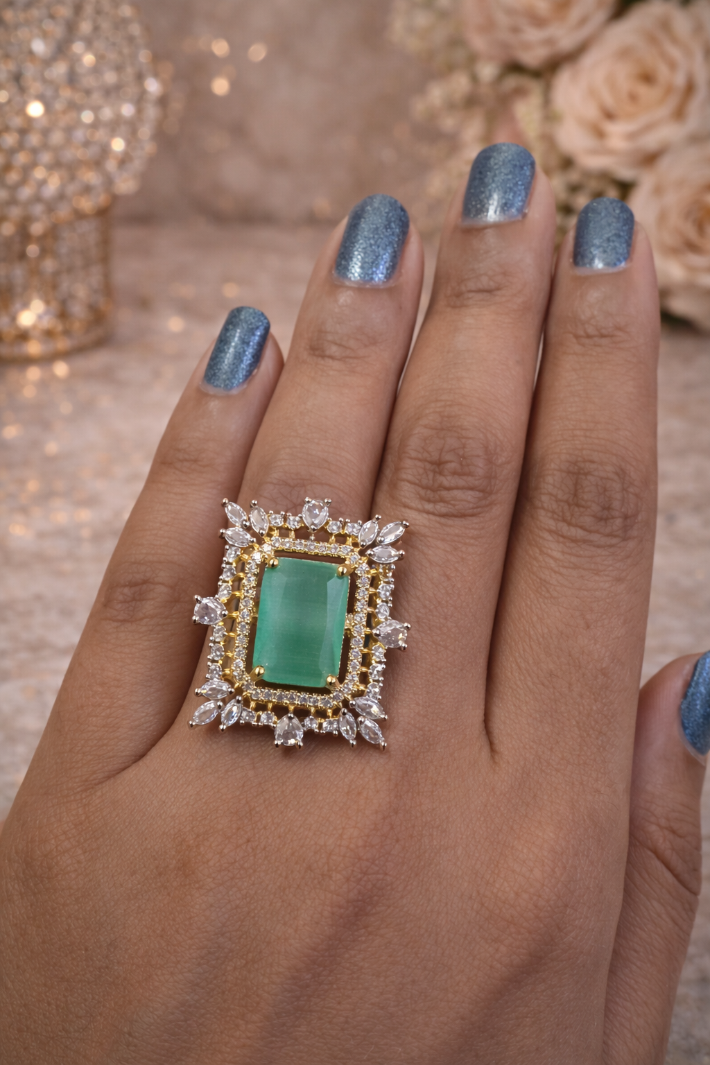 Emerald Royale AD Statement Ring – Gold Luxe Edition | ₹ 749