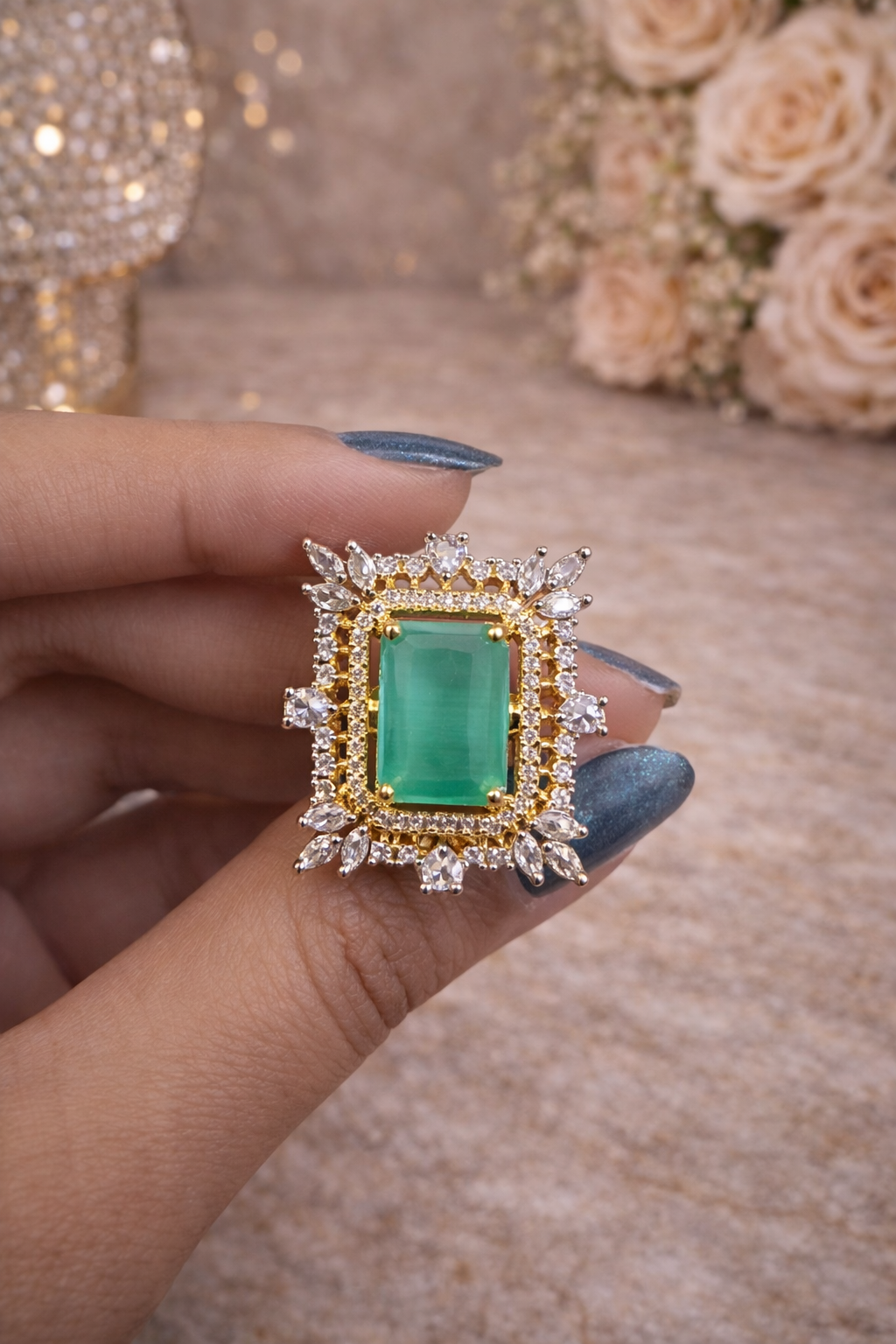 Emerald Royale AD Statement Ring – Gold Luxe Edition | ₹ 749