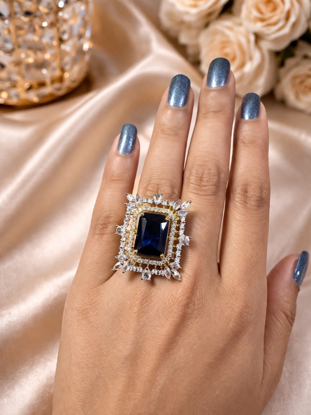 Midnight Royale AD Statement Ring – Sapphire Blue Luxe | ₹ 749