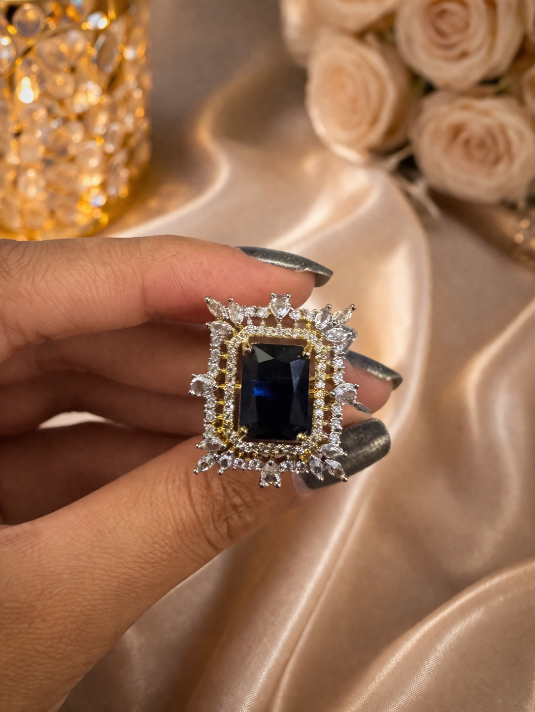 Midnight Royale AD Statement Ring – Sapphire Blue Luxe | ₹ 749