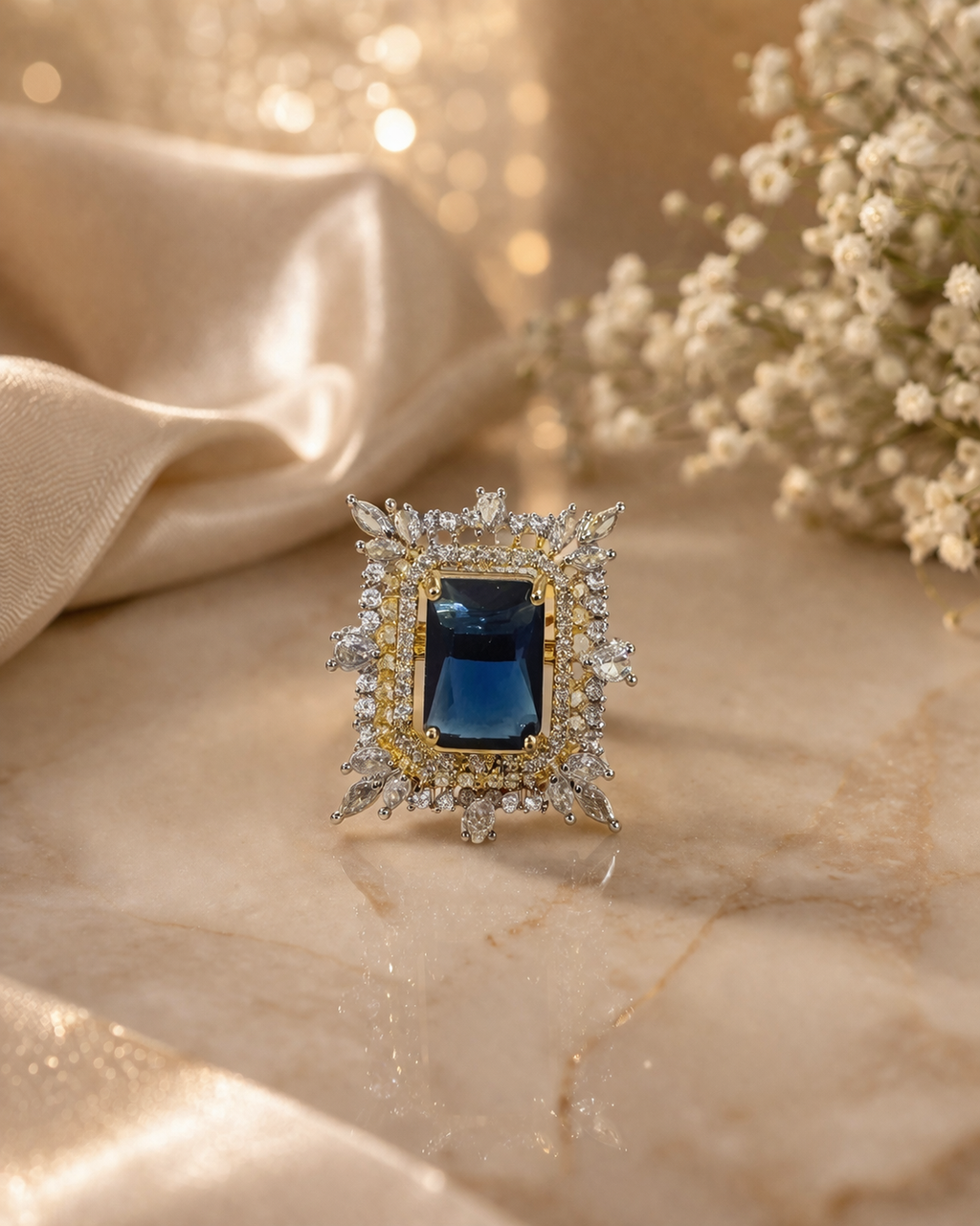 Midnight Royale AD Statement Ring – Sapphire Blue Luxe | ₹ 749