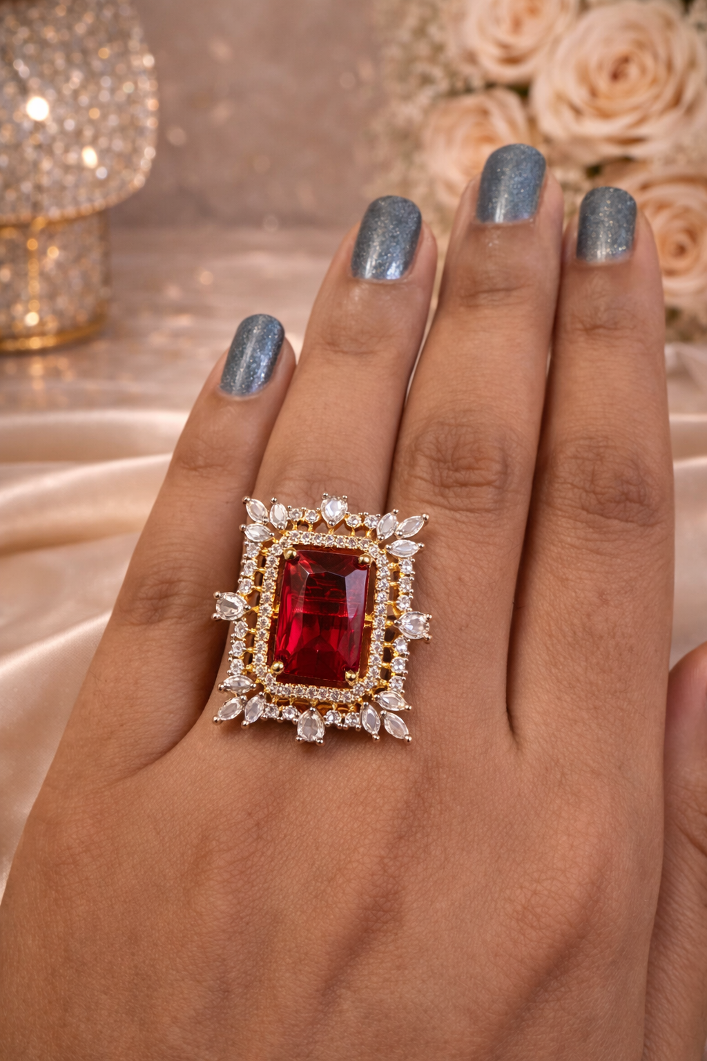 Crimson Royale AD Statement Ring – Gold Luxe Edition | ₹ 749