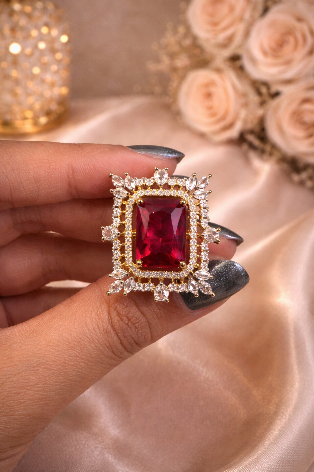 Crimson Royale AD Statement Ring – Gold Luxe Edition | ₹ 749