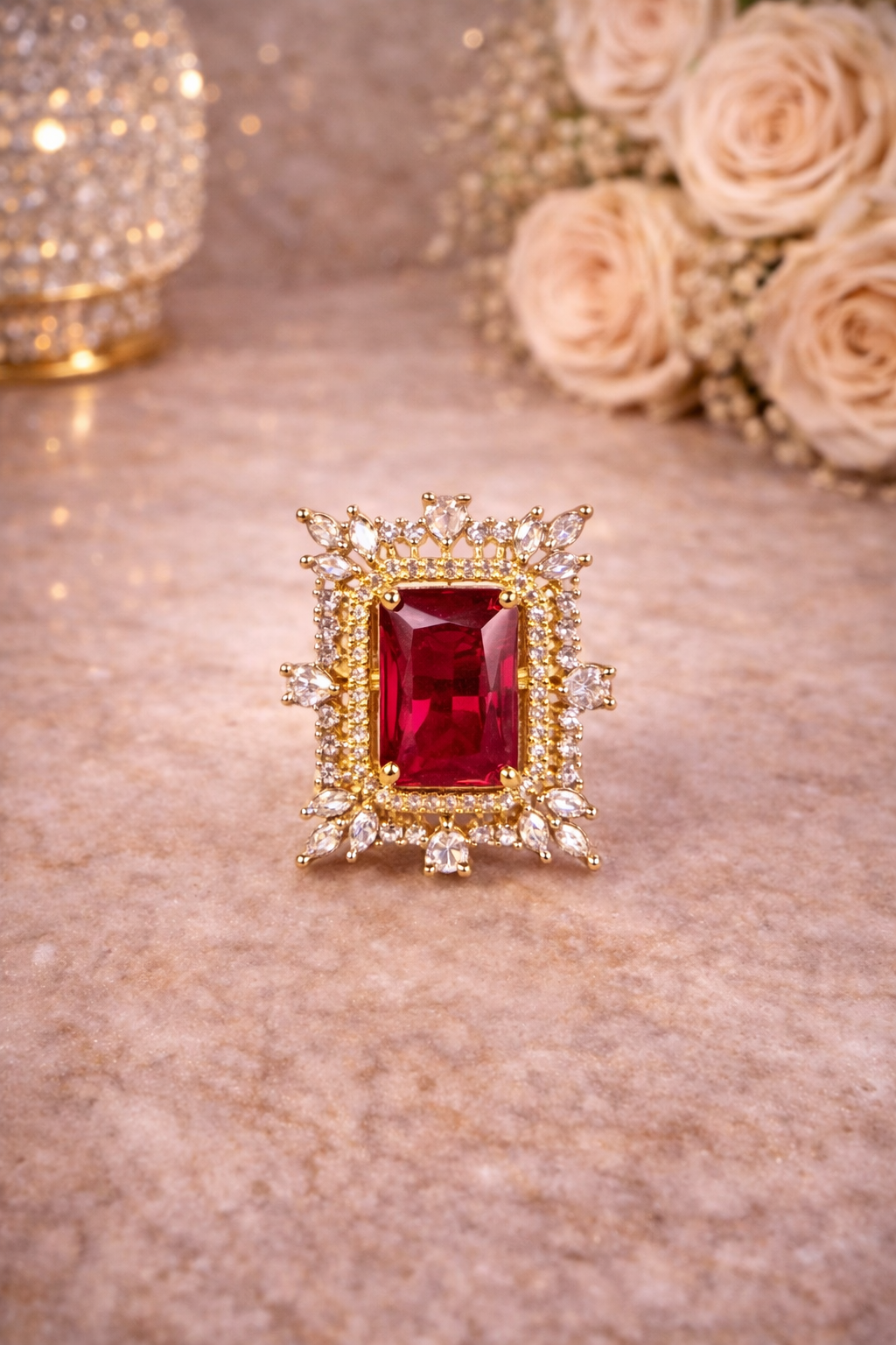 Crimson Royale AD Statement Ring – Gold Luxe Edition | ₹ 749
