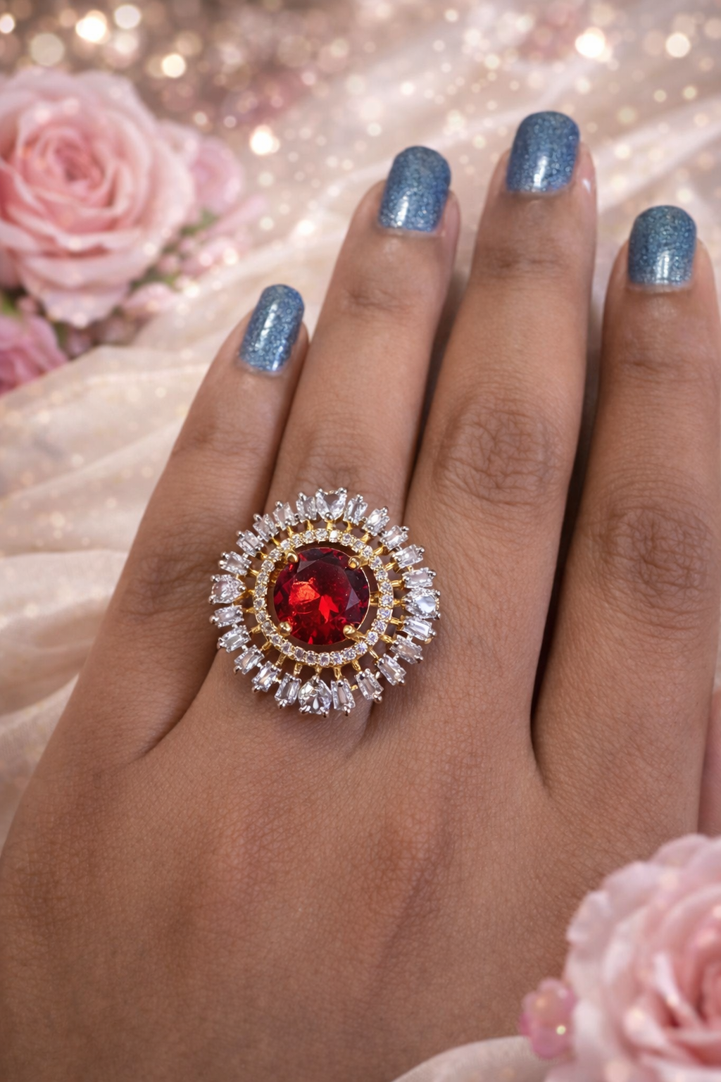 Royal Ruby Halo AD Ring | Statement Luxury Edition | ₹ 699