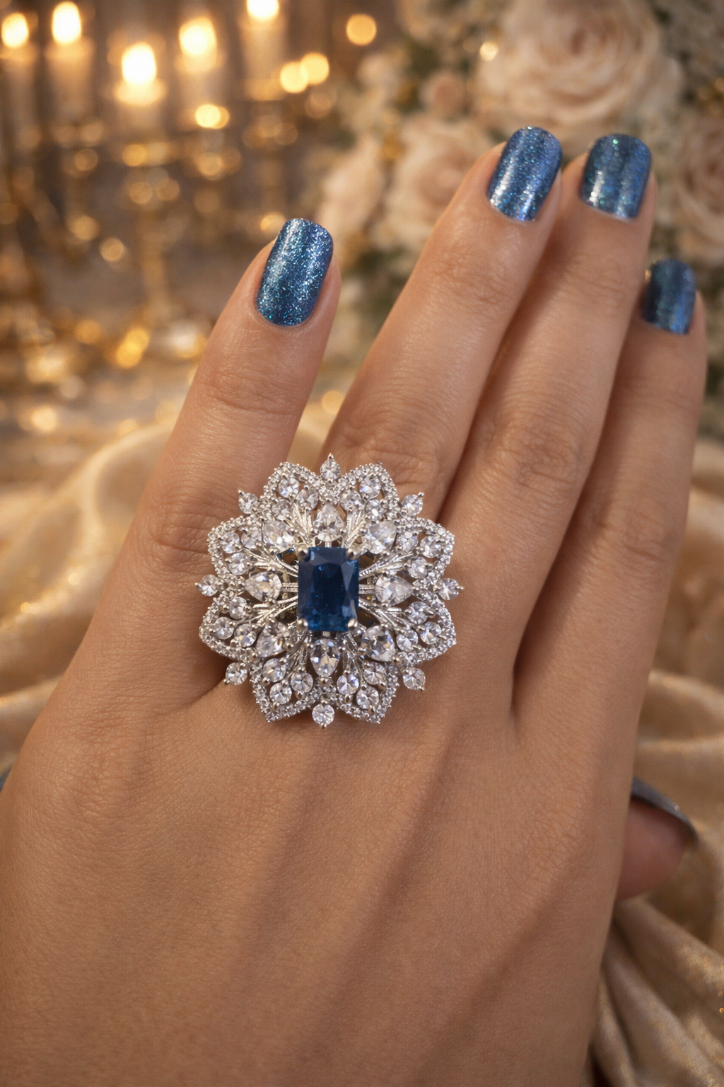 Royal Sapphire Bloom AD Statement Ring | ₹ 799